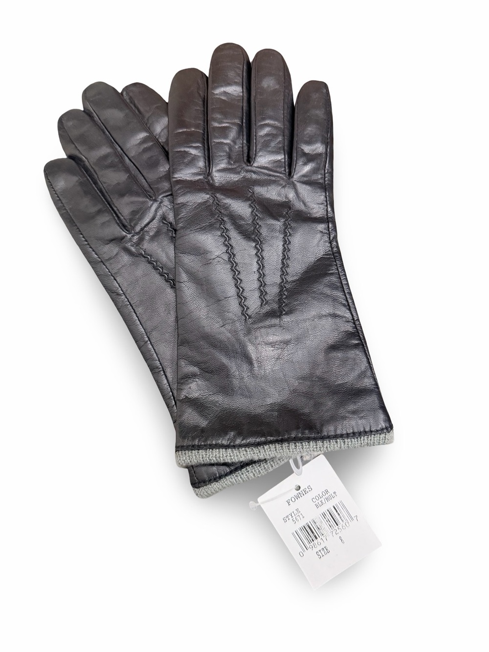 NWT Fownes Black Genuine Leather Gloves with Knit Trim - Size 8